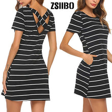 Load image into Gallery viewer, Summer Women's Casual Striped Criss Cross Short Sleeve The Shirt Mini Dress with Pockets Dropshipping ZSIIBO